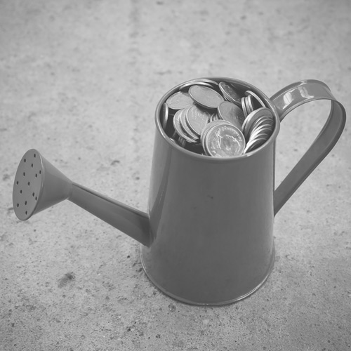 Watering can full of coins representing cash-flow