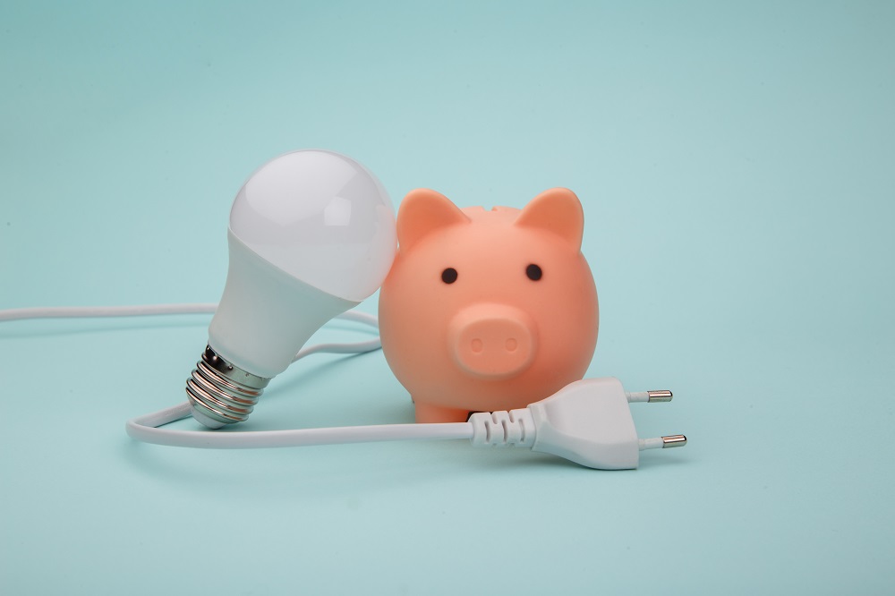 Piggy Bank With Light Bulb And Plug On Blue Background. Representing Reducing Overhead Costs